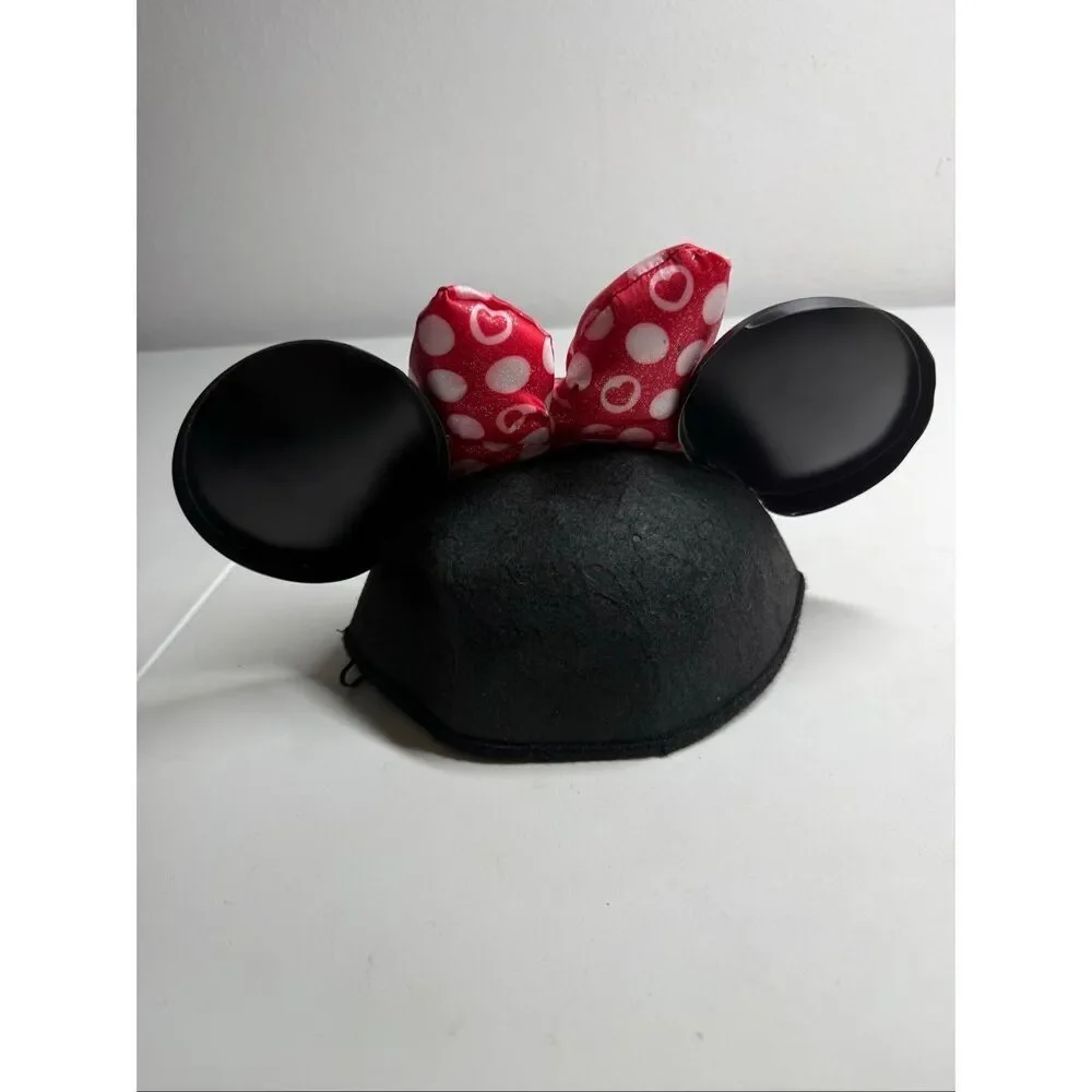 Disney Minnie Mouse Ears one size Black Mouseketeers Hat Red Polka Dot Bow Patch